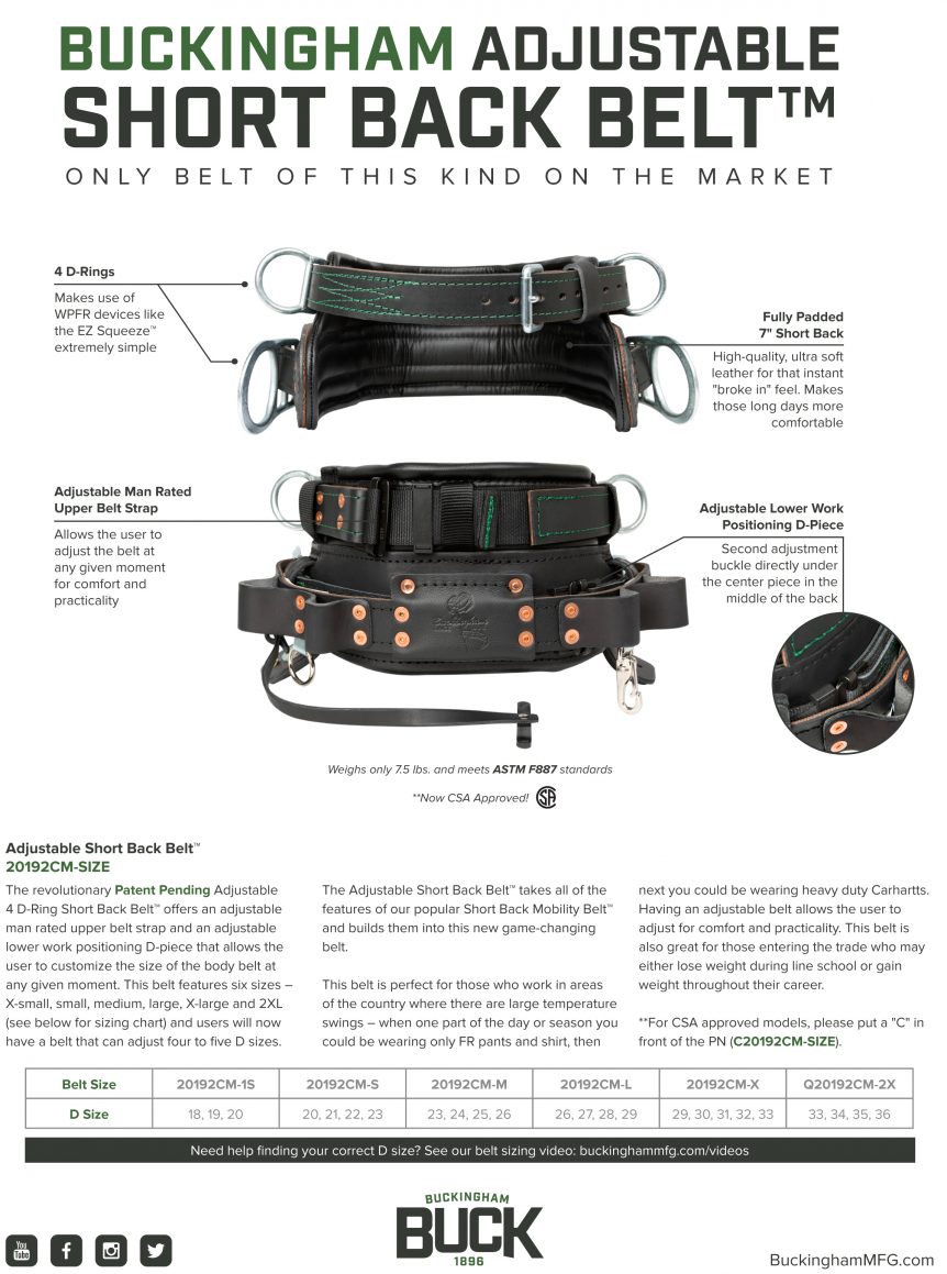 Adjustable Short Back Belt™ 20192CM Buckingham Lineman, Arborist